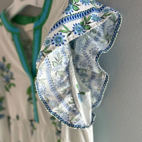 entro White Midi Dress with Blue Floral Print and Green Trim - Picture 6 of 16